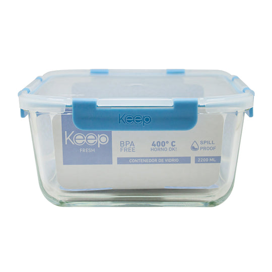 Contenedor Cuadrado Keep Hermético de Vidrio 2200ml - Azul